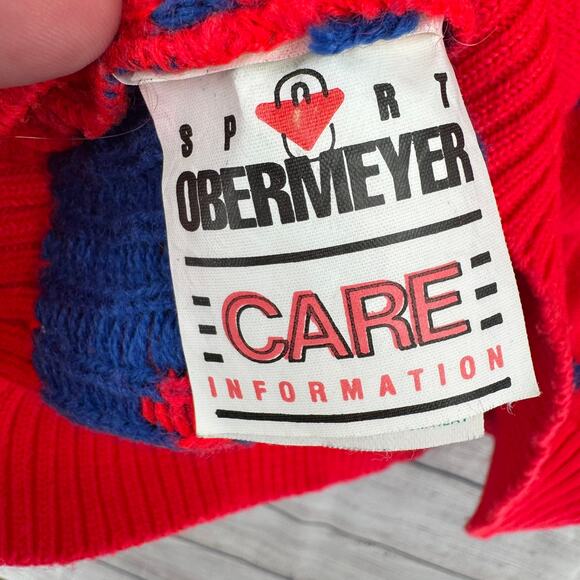 Vintage 80s Obermeyer Sport Crewneck Ski Sweater Mens Large Florescent Red Blue - Picture 9 of 13